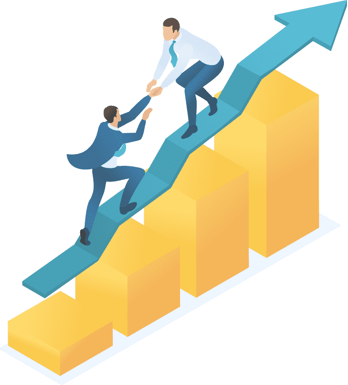 ビジネスマンが上昇する矢印の上で助け合いながら成長しているイメージ